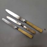 Silver Bladed Knives, two with Bone Handles, 1 with Mother of Pearl Handle. Various dates and makers