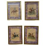 4 French Horse Racing Prints, probably 1920s. Hand marbled mounts. Framed