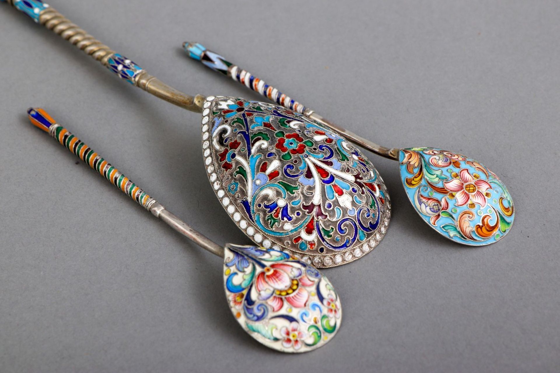 3 russische Silberlöffel mit Cloisonné - Image 3 of 5