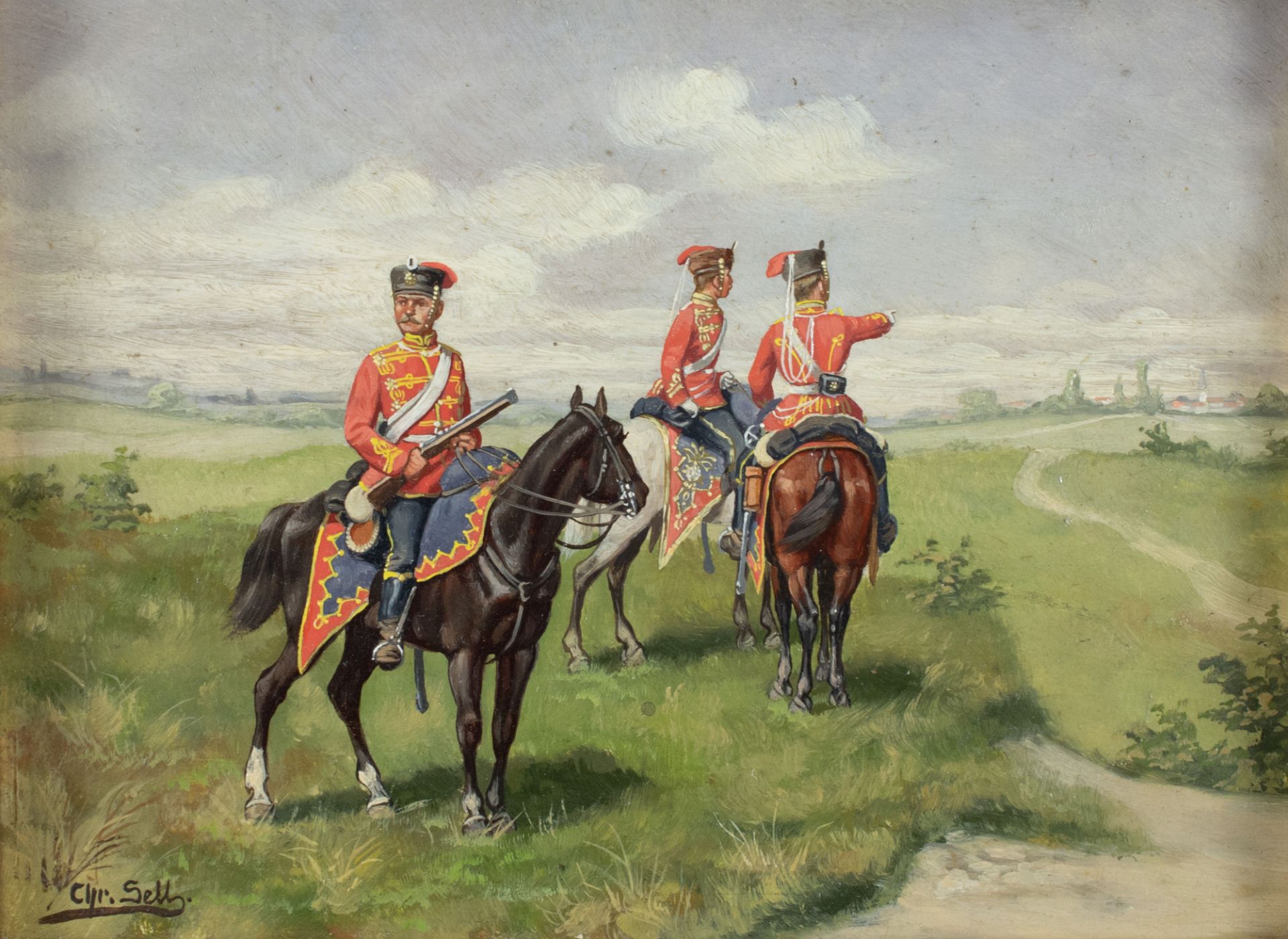 Drei preußische Kavalleristen im Gelände