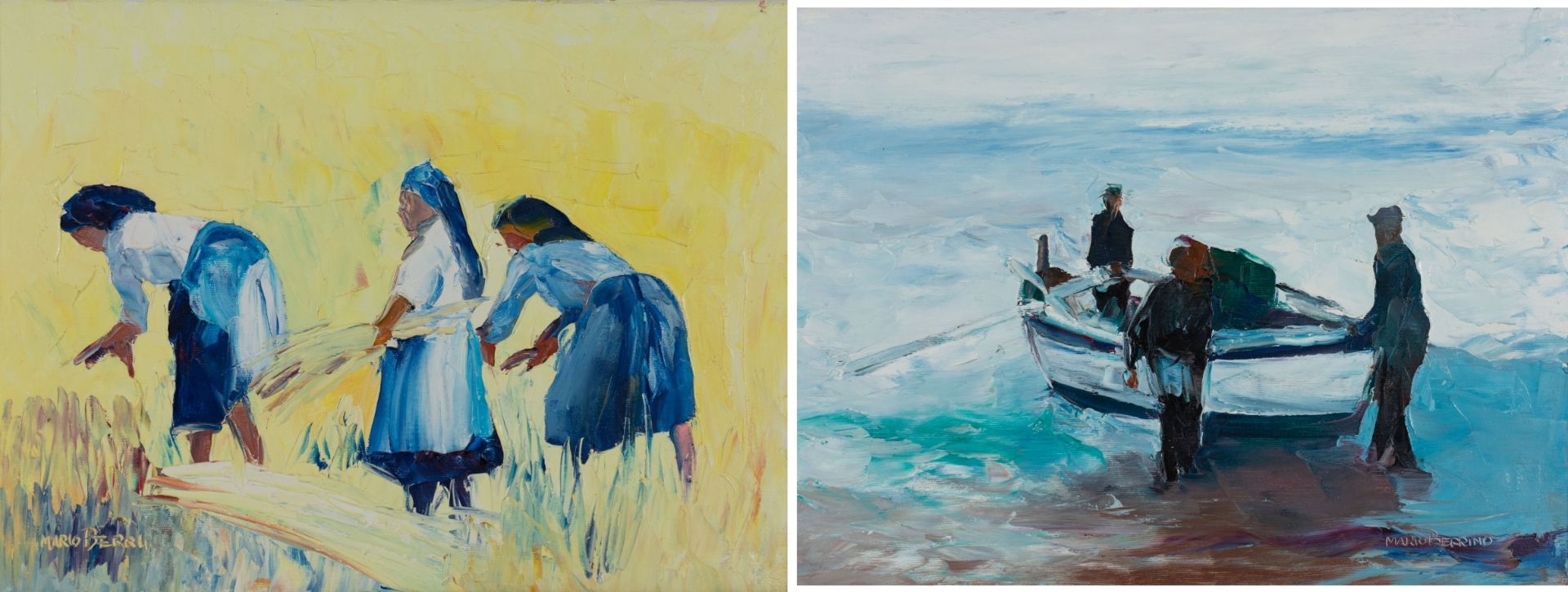 2-tlg., Paar Gemälde, Frauen beim Ernten und Fischer mit Boot