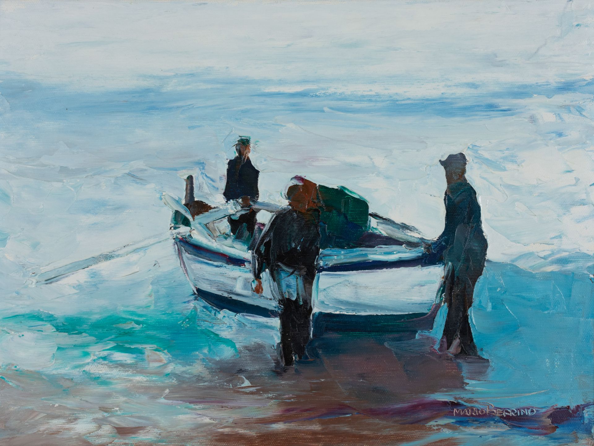 2-tlg., Paar Gemälde, Frauen beim Ernten und Fischer mit Boot - Bild 5 aus 7