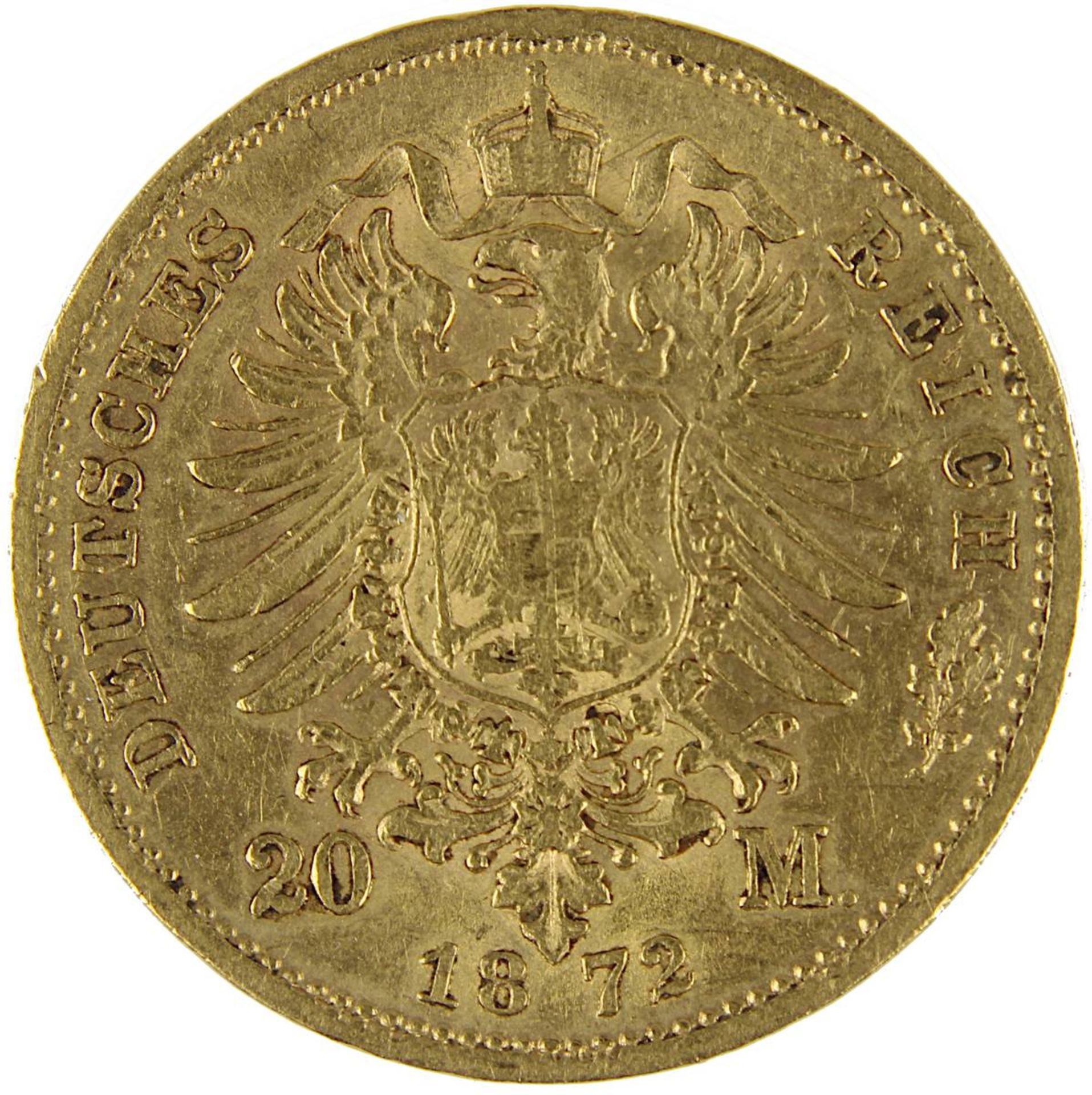 Goldmünze 20 Mark, Sachsen 1872 König Johann, Av. Kopf n. li., darunter E, und Umschrift, Rev. - Bild 3 aus 3