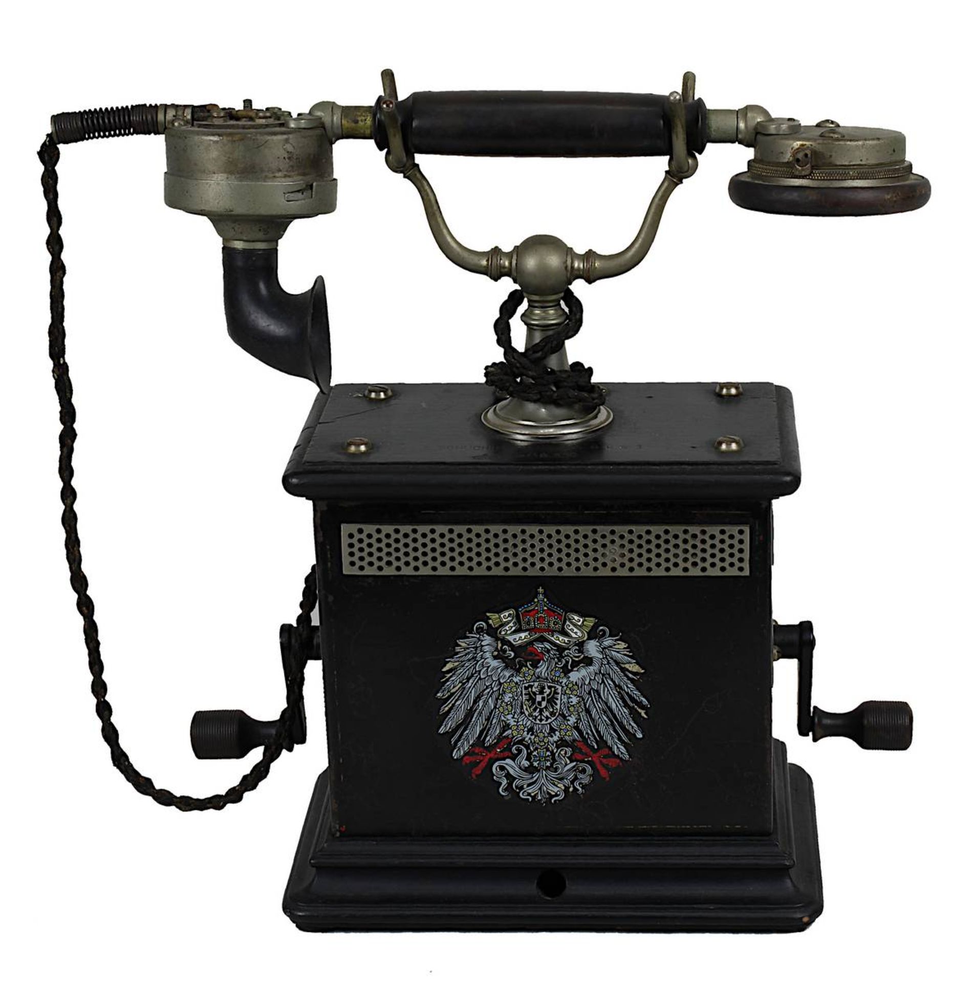Telefon - Tischapparat, F. Schuchhardt Berlin Anfang 20.Jh., unter Verwendung von Holz, Metall und