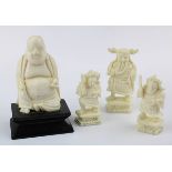 4 kleine chinesische Elfenbeinfiguren: 3 Krieger und 1 sitzender Glücksbuddha, 1. H. 20. Jh., jew.