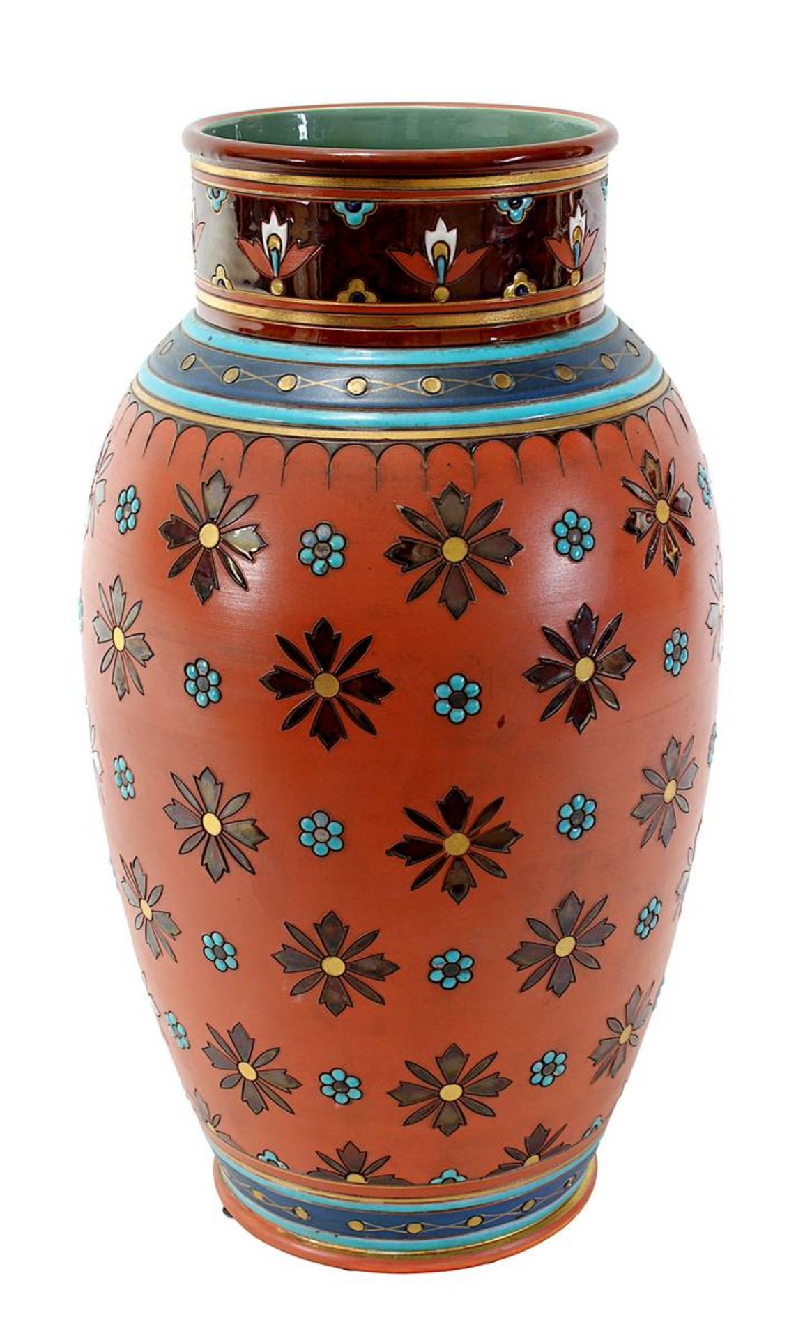 Villeroy & Boch Chromolith-Vase, Mettlach um 1888, Keramik, heller Scherben, Außenwandung mit