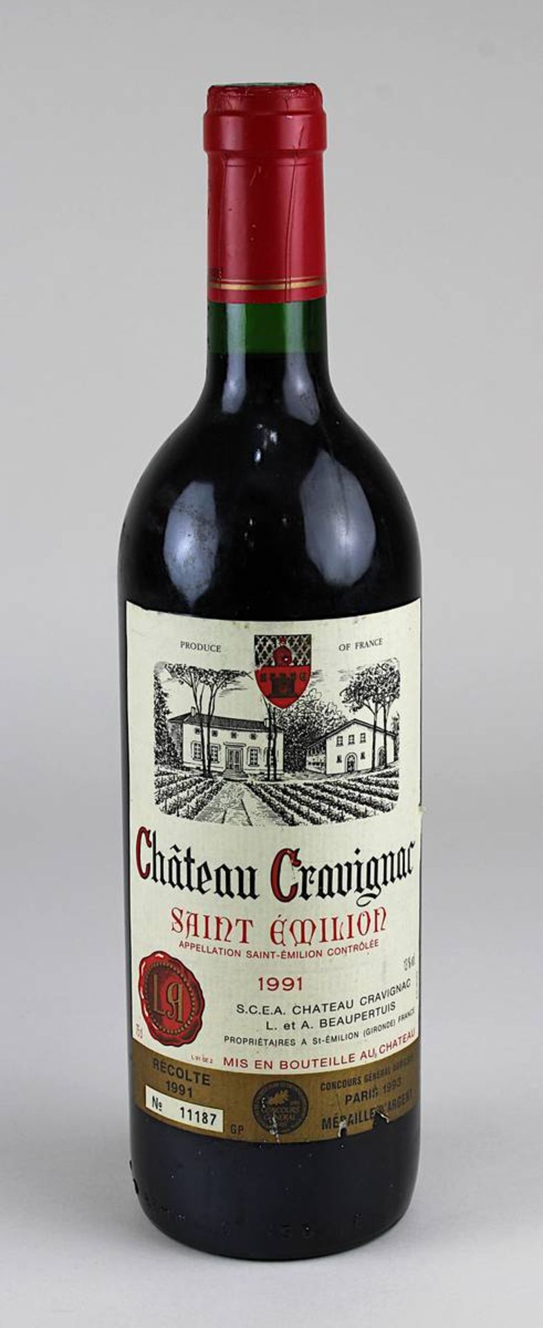Eine Flasche 1991 Château Cravignac, Saint Émilion, Médaille D´Argent, Paris 1993, Nr. 11187,