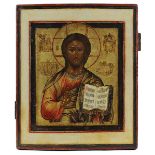 Ikone Christus Pantokrator, Zentralrussland um 1800, Tempera auf Holz, leicht vertieftes Mittelfeld,