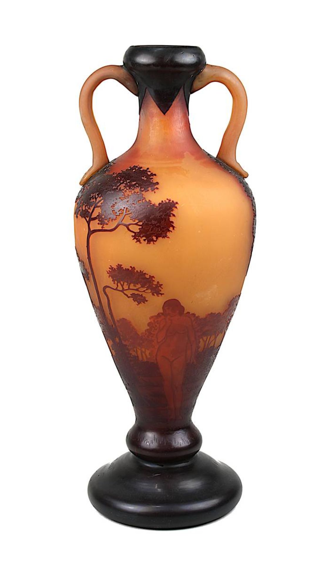 Delatte, A., Jugendstil-Vase, Nancy, um 1910, balusterförmiger Klarglaskörper, mit ausgestelltem