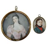 Zwei Miniaturen, Anfang 19. Jh., jeweils im vergoldeten Messingrähmchen: Halbporträt einer jungen