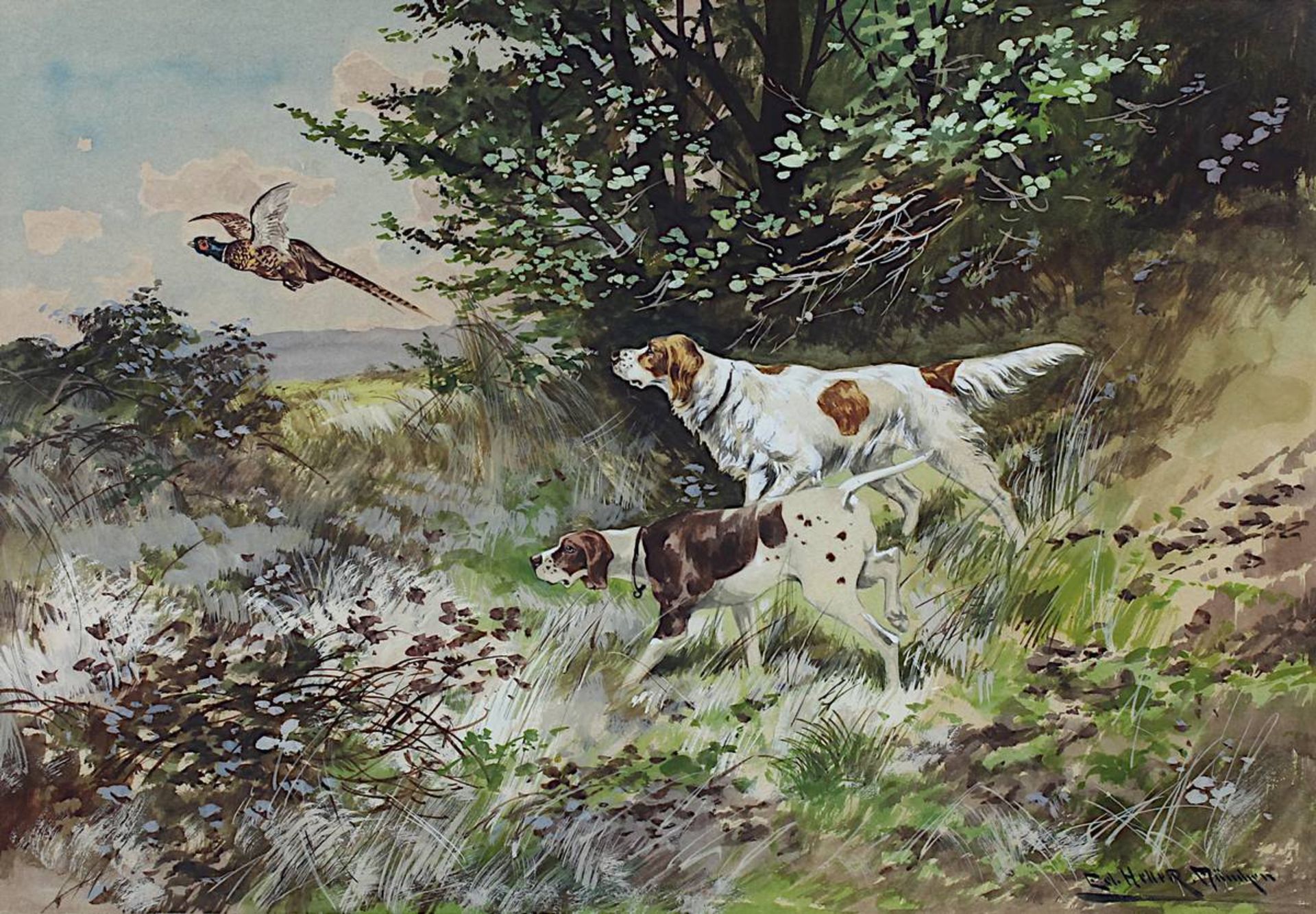 Heller, Eduard (geb. München 1852), zwei Jagdhunde mit auflfliegendem Fasan, Aquarell, re. unt. - Bild 2 aus 3