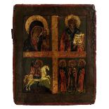 Vierfelderikone, Russland 1. H. 19. Jh., Tempera auf Holz, durch Kreuz in die vier Felder