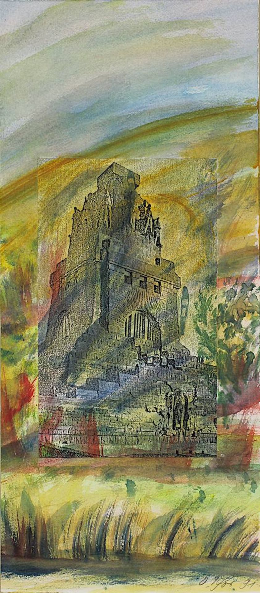 Künstler Ende 20. Jh., Leipzig-Völkerschlachtdenkmal, Aquarell-Collage, am unt. Rand unleserlich - Bild 2 aus 3