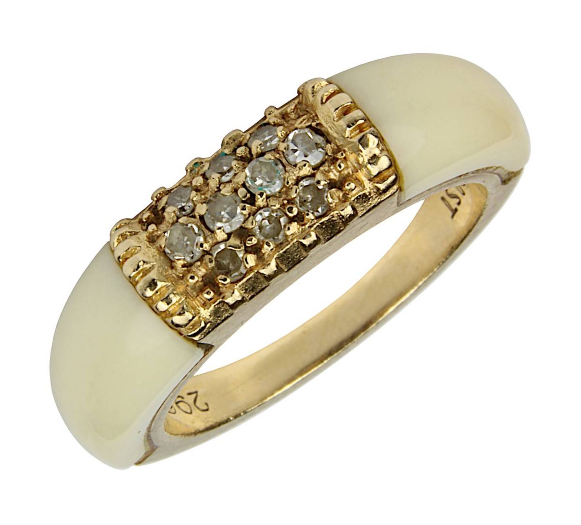 Gelbgold-Ring mit Diamanten und Elfenbein, Juwelier Christ um 1990, Ringschiene gestempelt 585,