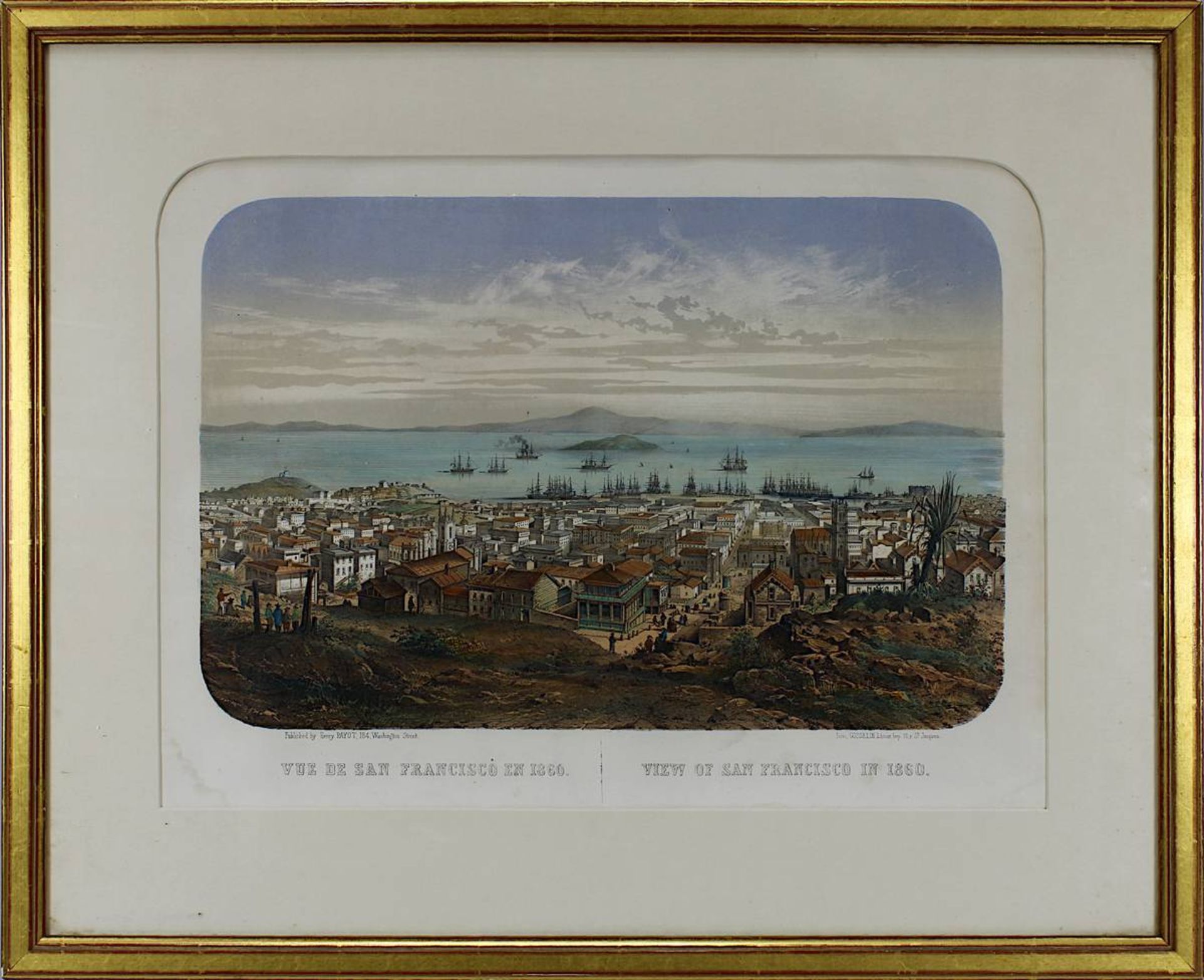 "Vue de San Francisco en 1860", Blick über die Stadt auf den Hafen, kolorierte Lithographie, bei