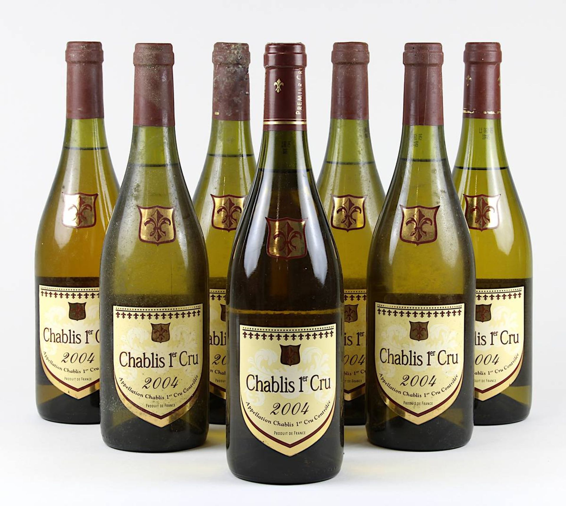 Acht Flaschen 2004er Chablis 1er Cru, Pierre Vincent, Füllhöhen oberer Flaschenhals bis