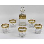 Whisky Karaffe mit 5 Whiskygläsern, Saint Louis, Modell Thistle Gold, farbloses Kristallglas, fein