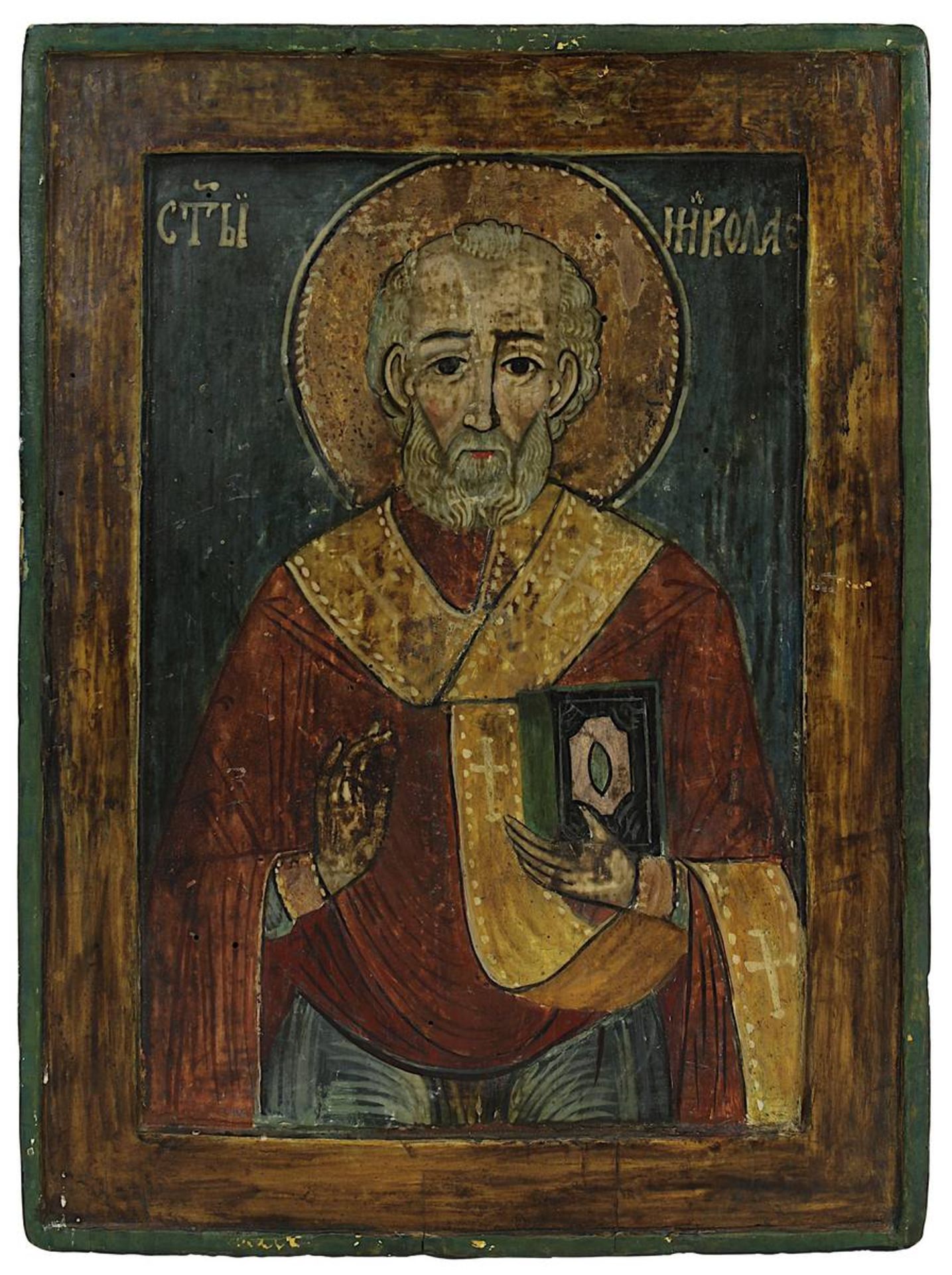 Ikone heiliger Nikolaus, wohl Bulgarien um 1900, Tempera auf Holz, vertieftes Mittelfeld, mit