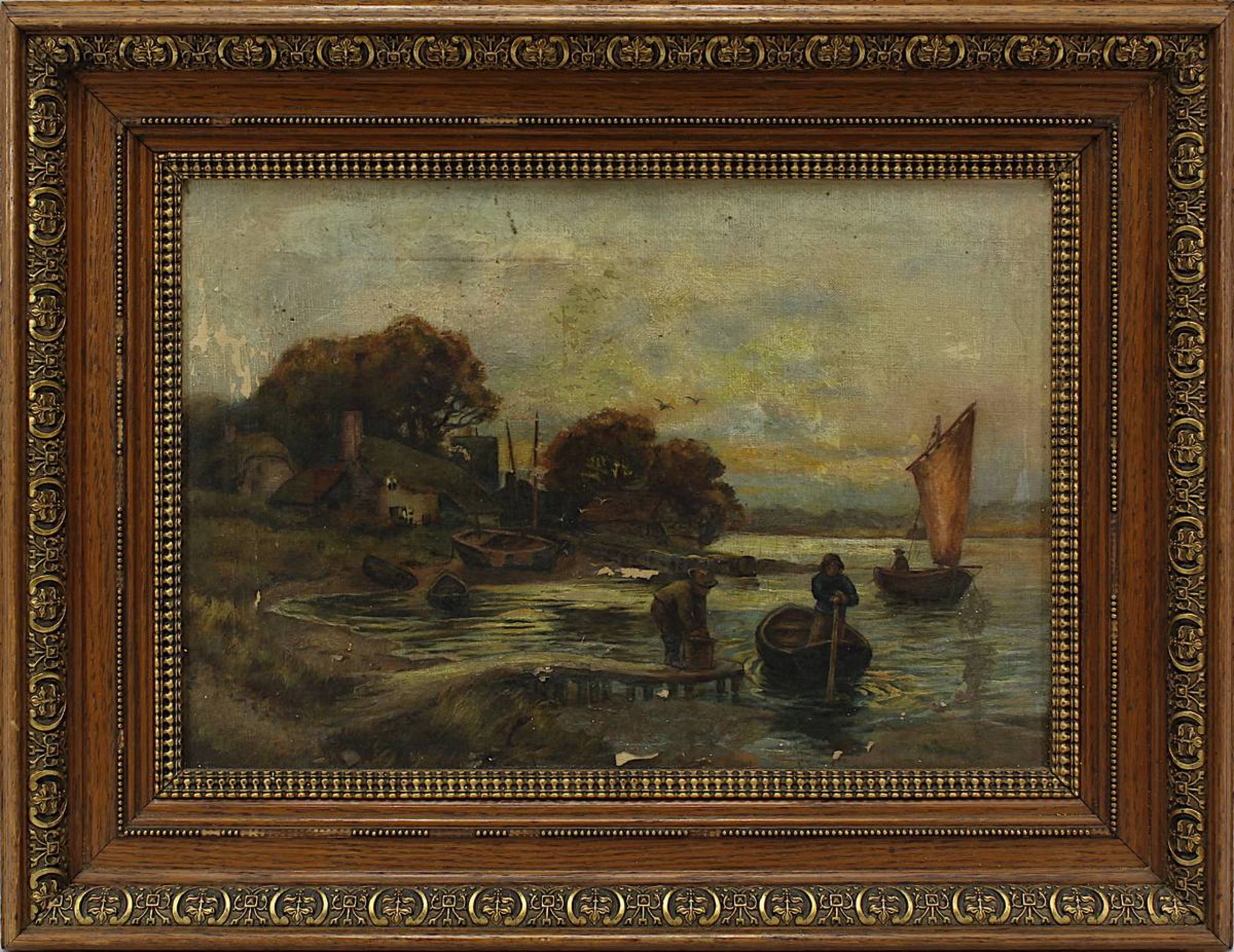 Fischer mit Booten am Ufer, Deutschland um 1906, Öl auf Leinwand, Bildmaße 31,5X45 cm, Rahmenmaße