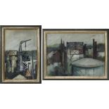 Saarländischer Industrie- u. Architekturmaler, M. 20. Jh., 2 Gemälde, Industrieanlage mit Kran, Öl