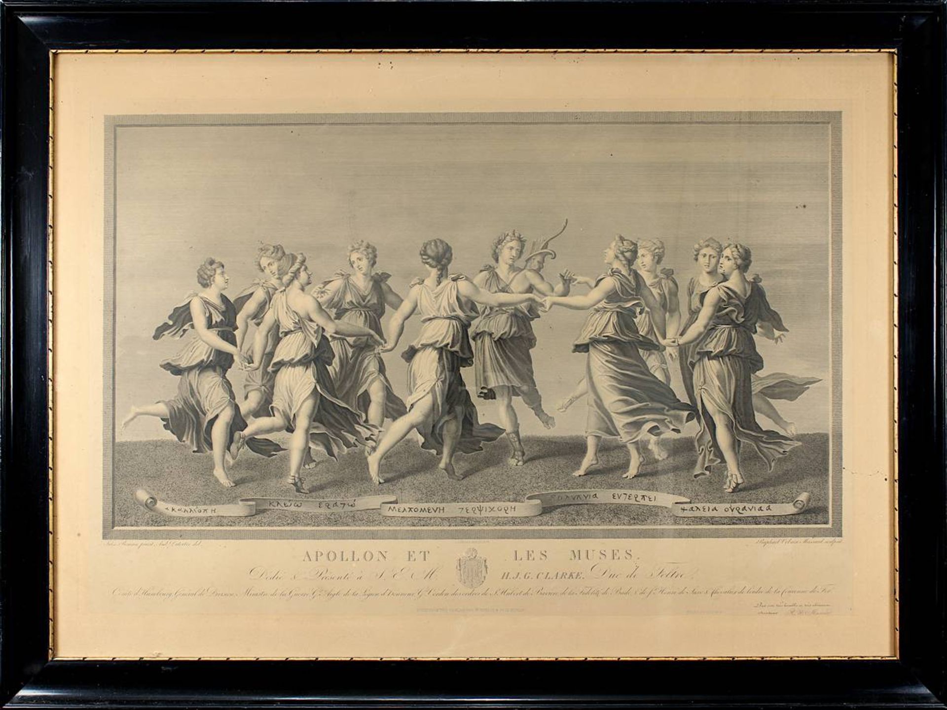 "Apollon et les muses", Graphik nach dem Kupferstich von Raphael Urbain Massard und dem Gemälde