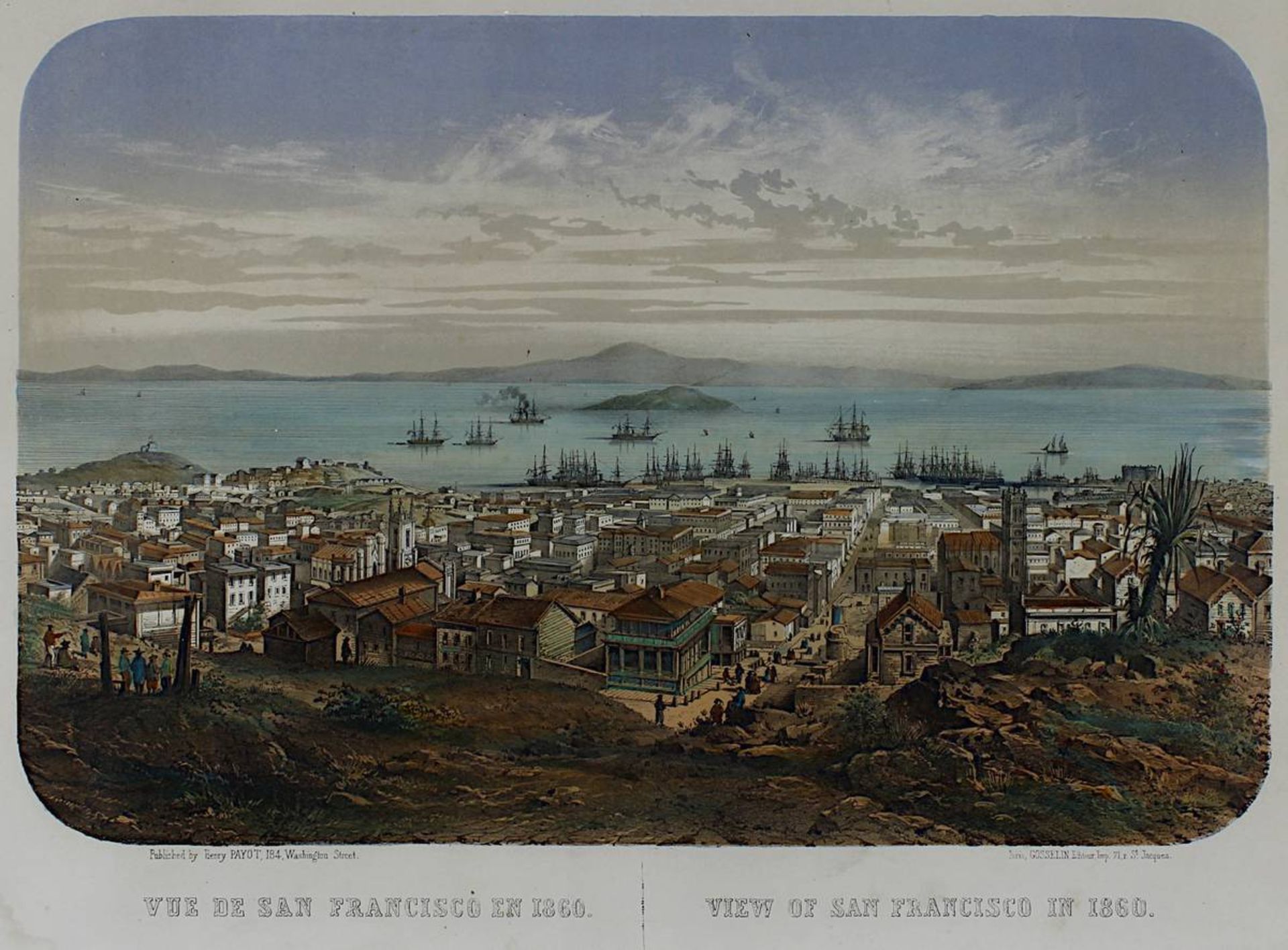 "Vue de San Francisco en 1860", Blick über die Stadt auf den Hafen, kolorierte Lithographie, bei - Image 2 of 2