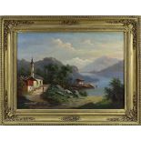 Alpenmaler um 1850, Blick auf einen Alpensee, mit Kapelle im Vordergrund, Öl auf Leinwand,