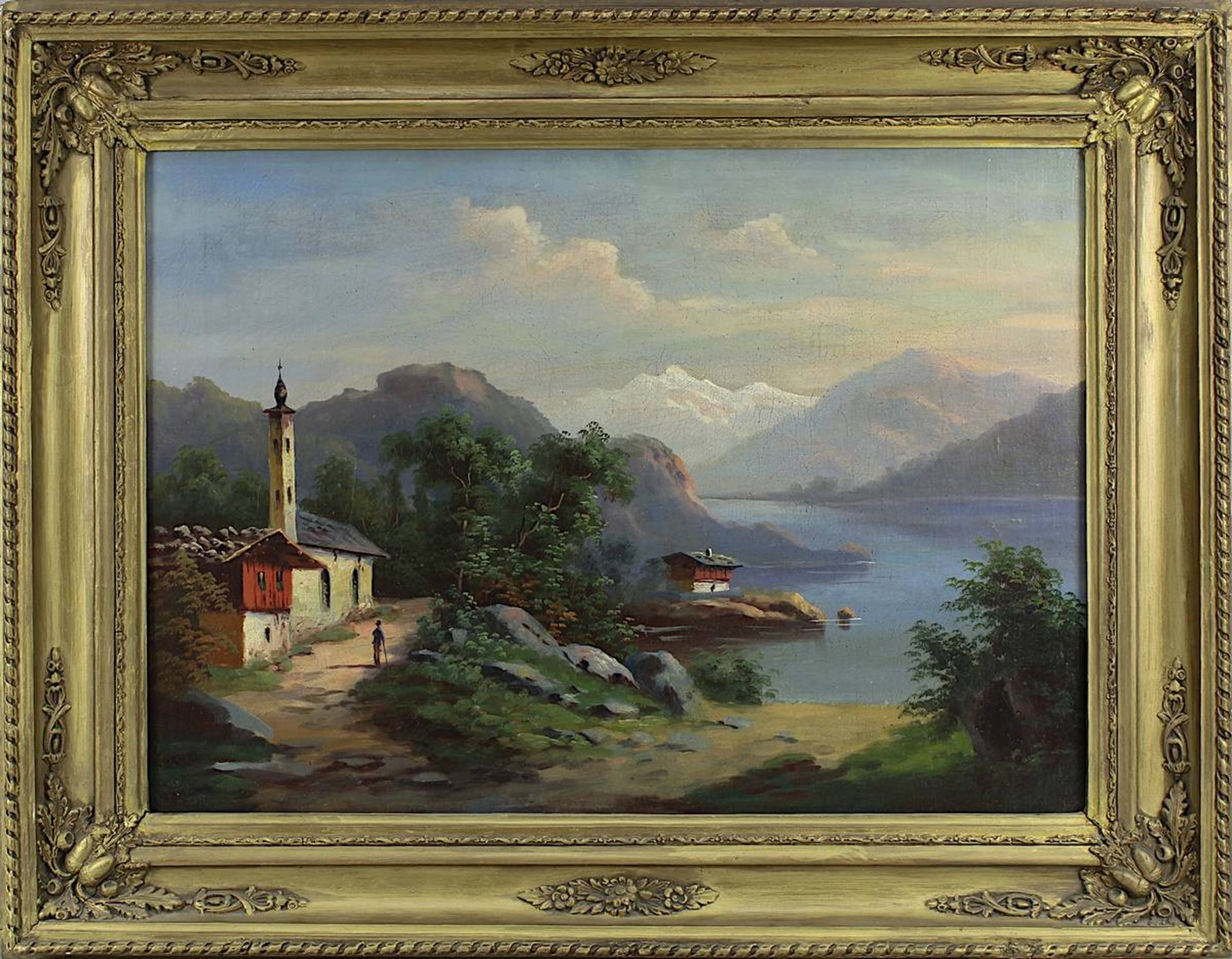 Alpenmaler um 1850, Blick auf einen Alpensee, mit Kapelle im Vordergrund, Öl auf Leinwand,