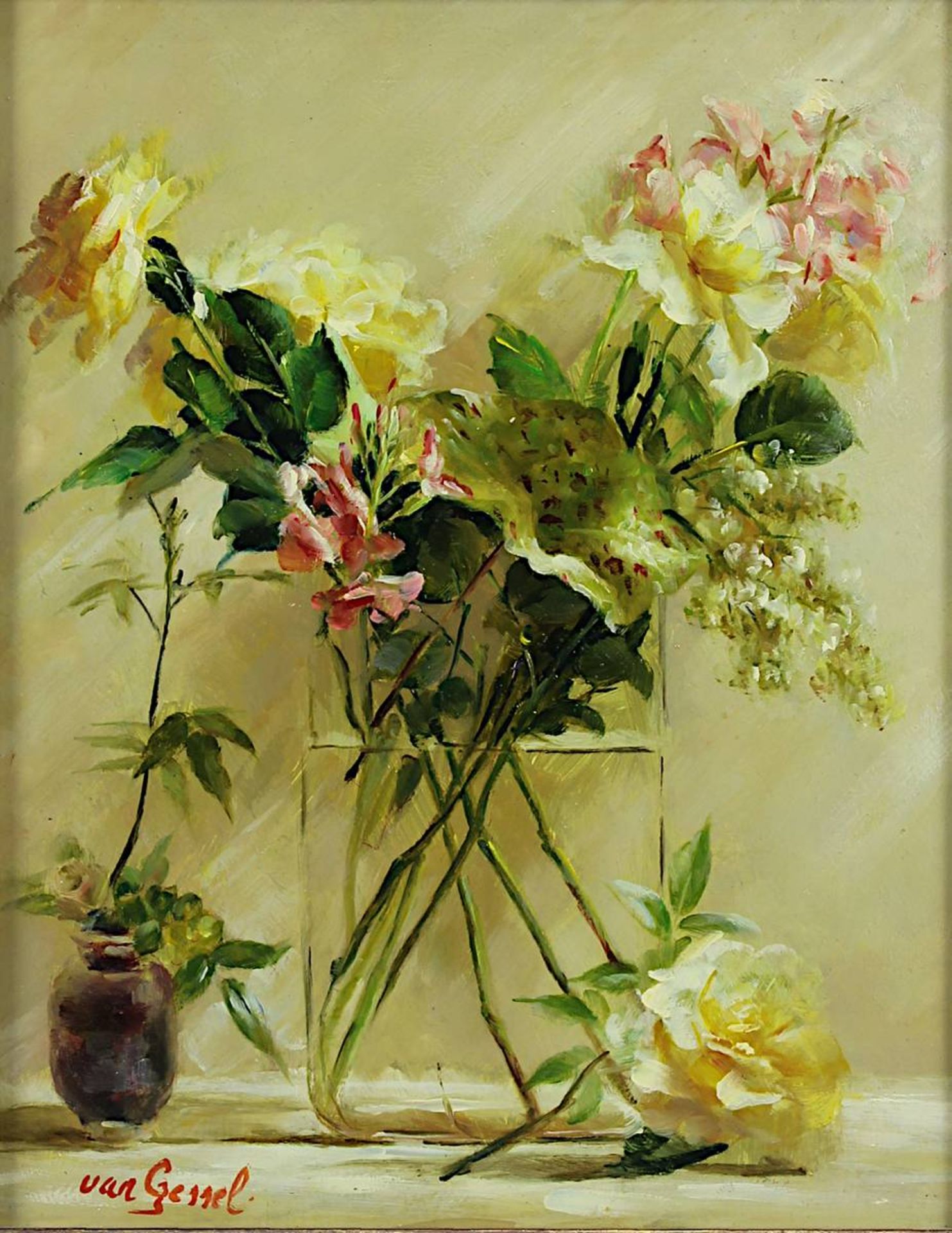 Van Gessel, niederländischer Maler, 2. H. 20. Jh., Blumenstillleben mit Rosen, Öl auf Holz, links - Bild 2 aus 3