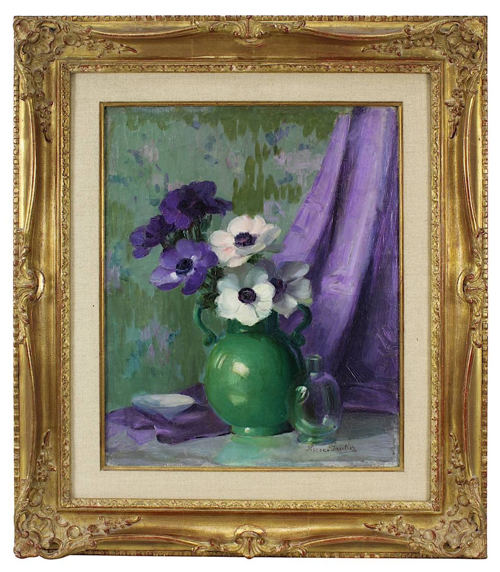 Nerée, Gautier, Jane (1877 - 1948), Stilleben mit Anemonen in Henkelvase u. Flasche, Öl auf