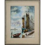 Dahlhaus, H., Aquarellist M. 20. Jh., Kai mit Segelschiffen u. Blick auf eine Küstenstadt, Aquarell,