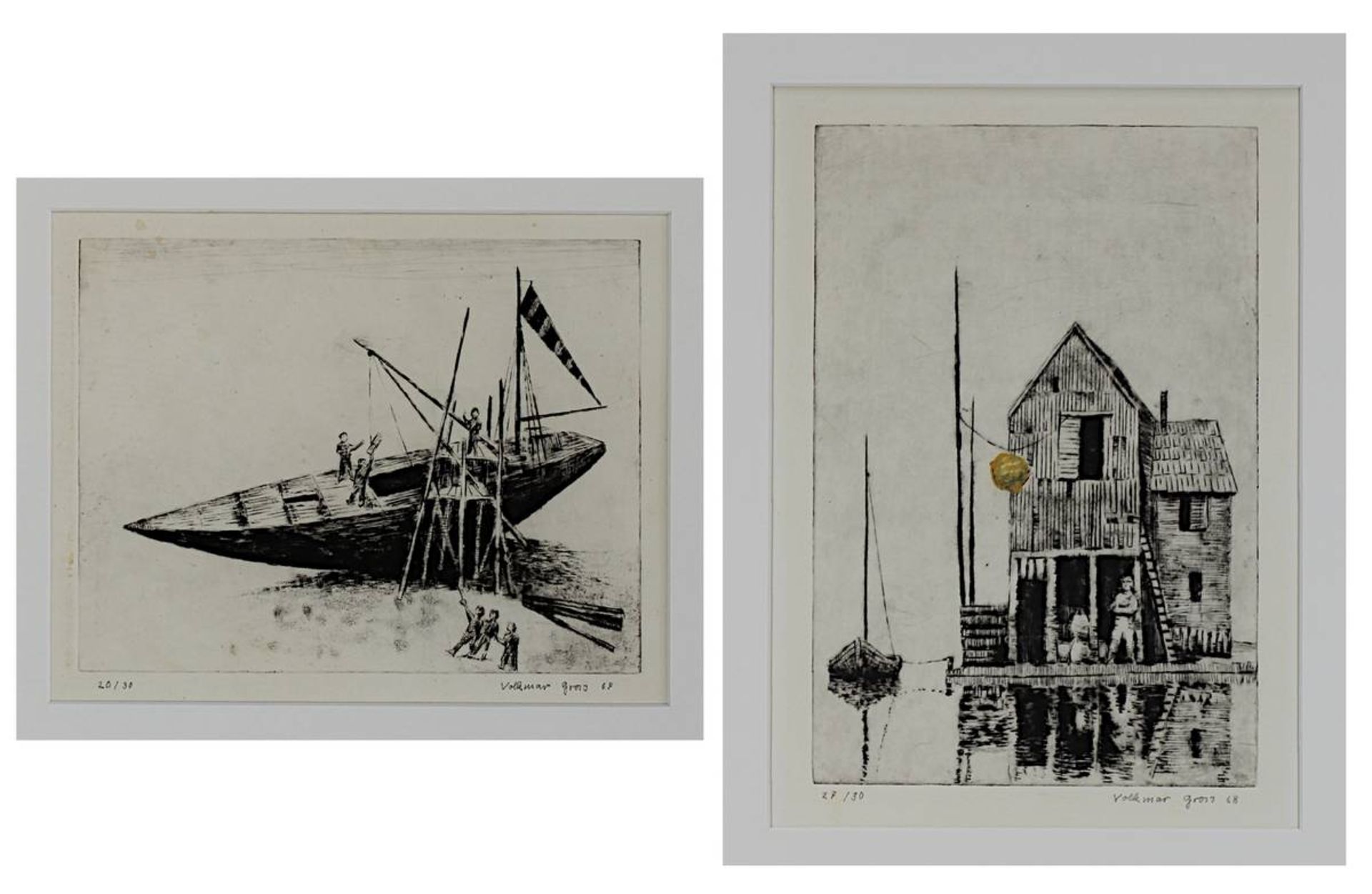 Gross, Volkmar (Saarbrücken 1927 - 1992 Saarbrücken), zwei Radierungen: Segelbootbau, 16 x 21 cm, am