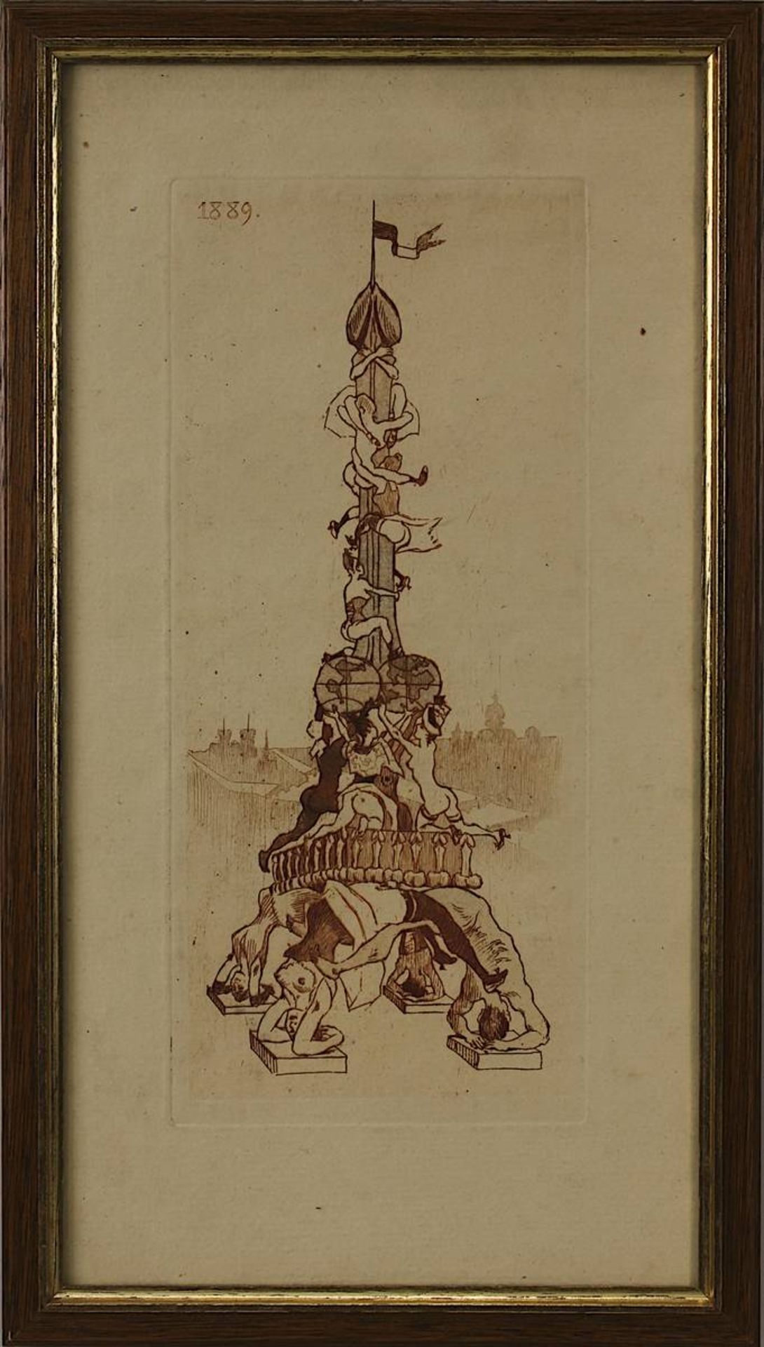 Erotische Darstellung des Eiffelsturms, Radierung, Anfang 20. Jh., dargestellt als Phallus mit