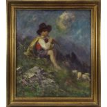 Ungedeuteter Impressionist um 1900, Flöte spielender Hirtenknabe mit seinen Schafen in