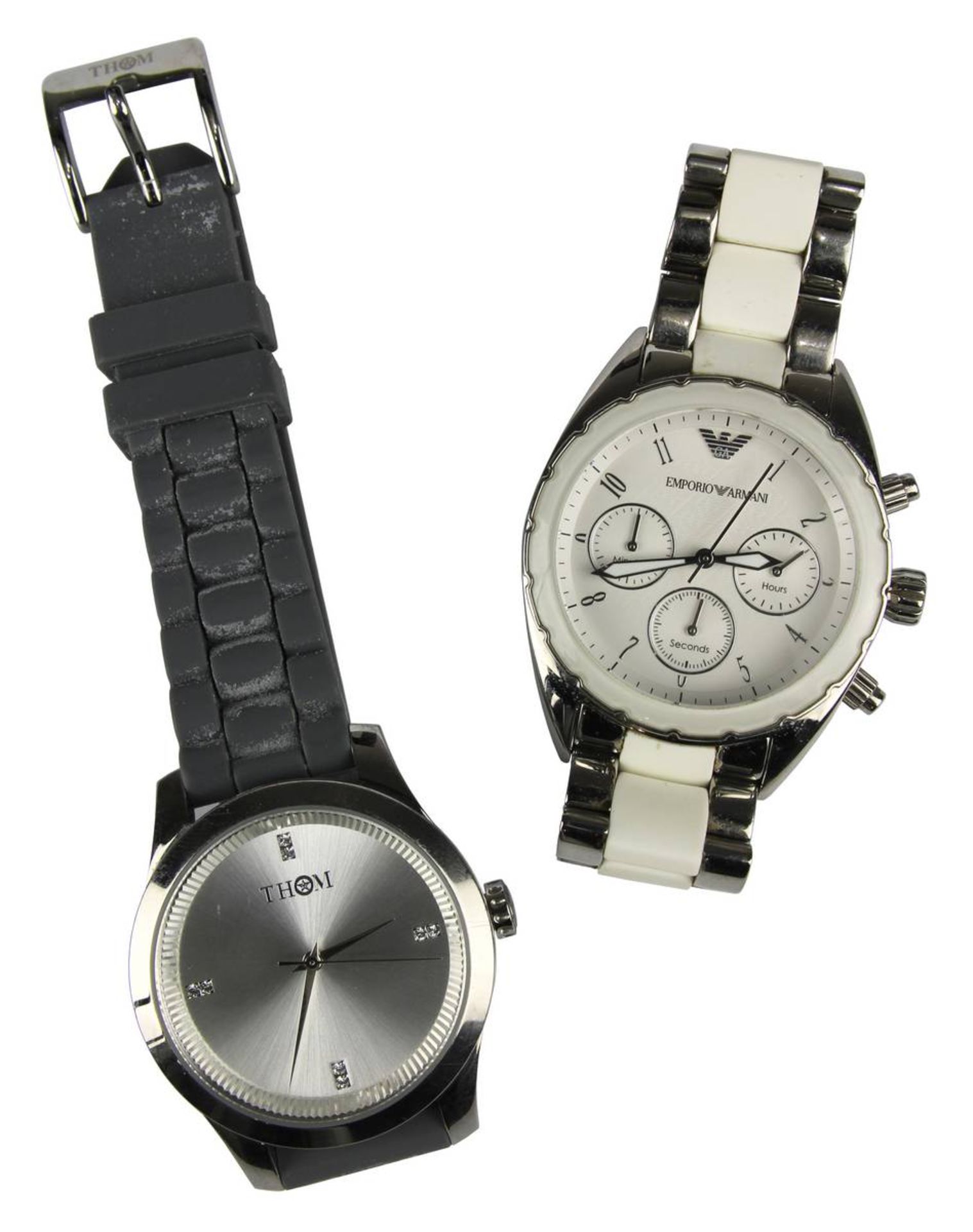 Eine Armani-Armbanduhr u. eine Thom-Armbanduhr: Armani-Herrenarmbanduhr, Chronograph, Quarz,
