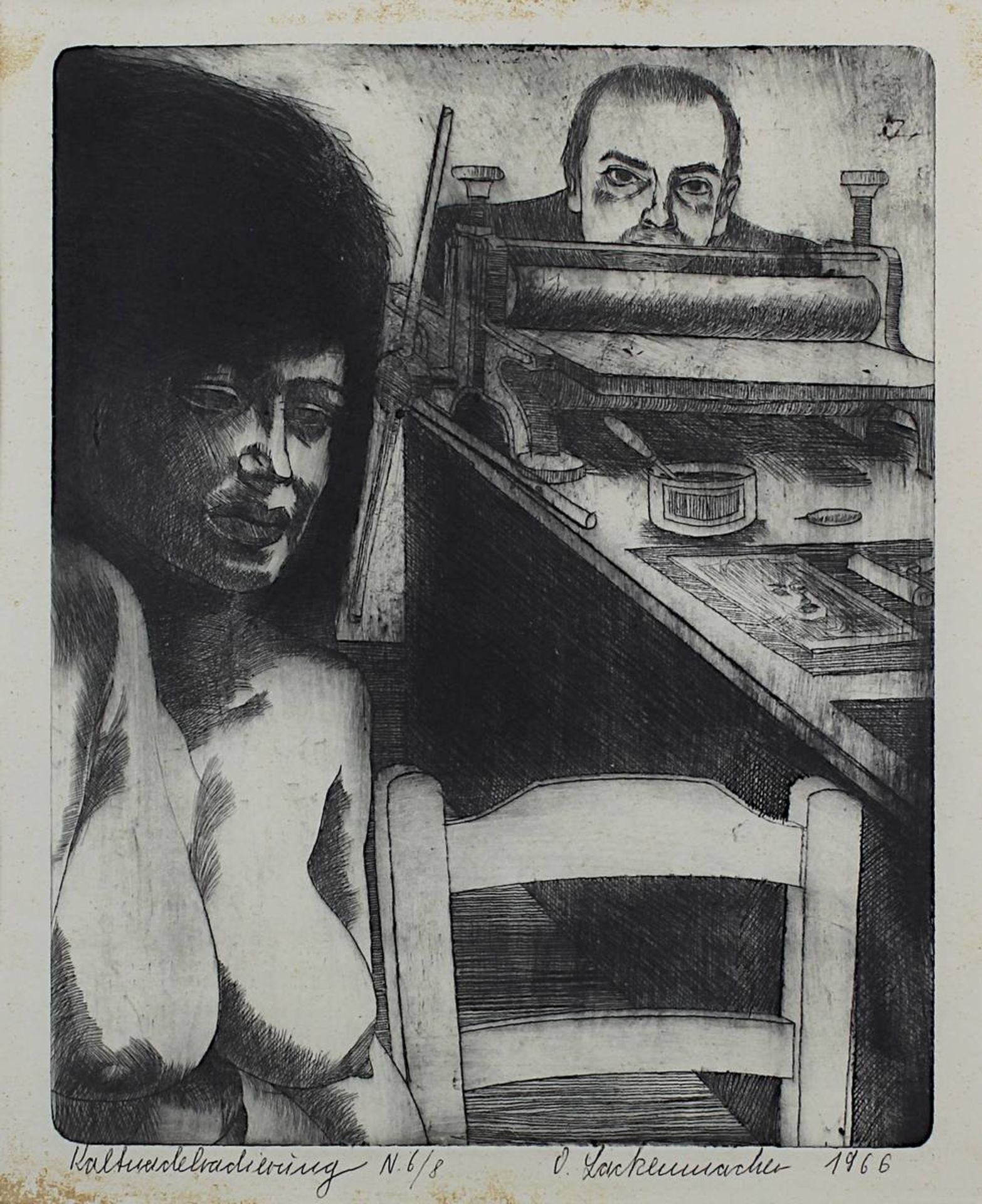 Lackenmacher, Otto (Saarbrücken 1927 - 1988), Selbst mit weiblichem Akt an der Druckerpresse, - Image 2 of 2