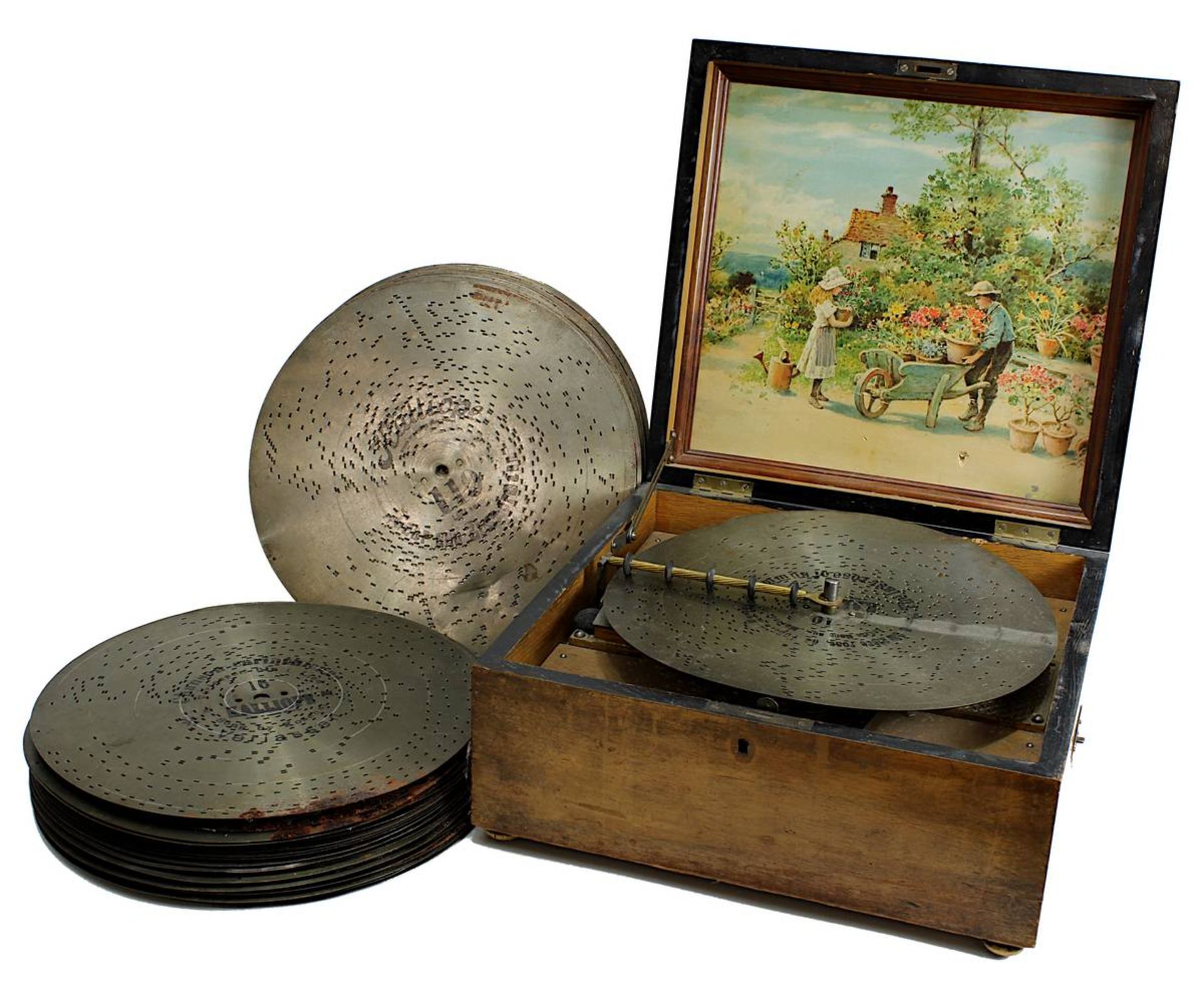 Kalliope Lochplattenspieler mit ca. 40 Platten, deutsch um 1890, auf Deckel beschriftet Kalliope,