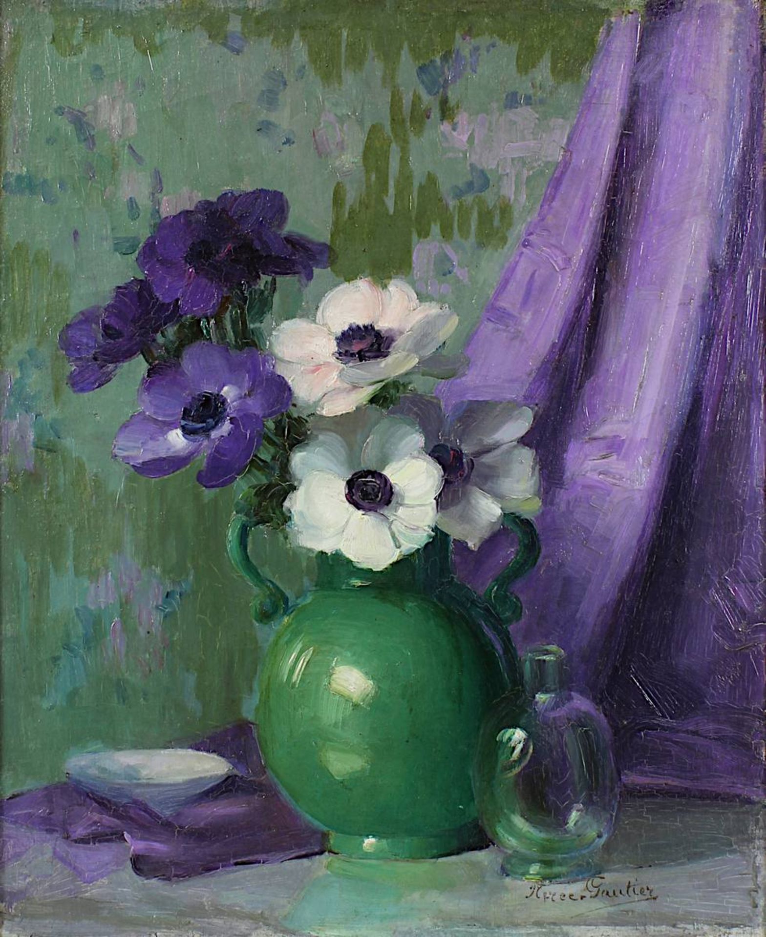 Nerée, Gautier, Jane (1877 - 1948), Stilleben mit Anemonen in Henkelvase u. Flasche, Öl auf - Bild 2 aus 4