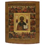 Ikone mit der Vita des heiligen Nikolaus, Russland 1. Drittel 19. Jh., Tempera auf Holz, mittig