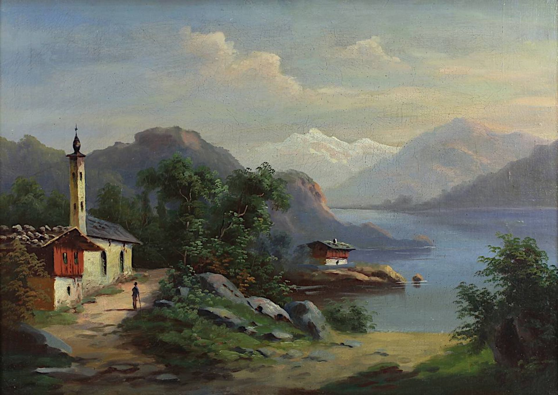 Alpenmaler um 1850, Blick auf einen Alpensee, mit Kapelle im Vordergrund, Öl auf Leinwand, - Bild 2 aus 3