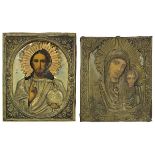 Zwei Ikonen, Russland 2. H. 19. Jh., Christus Pantokrator mit teils versilbertem dekorativem