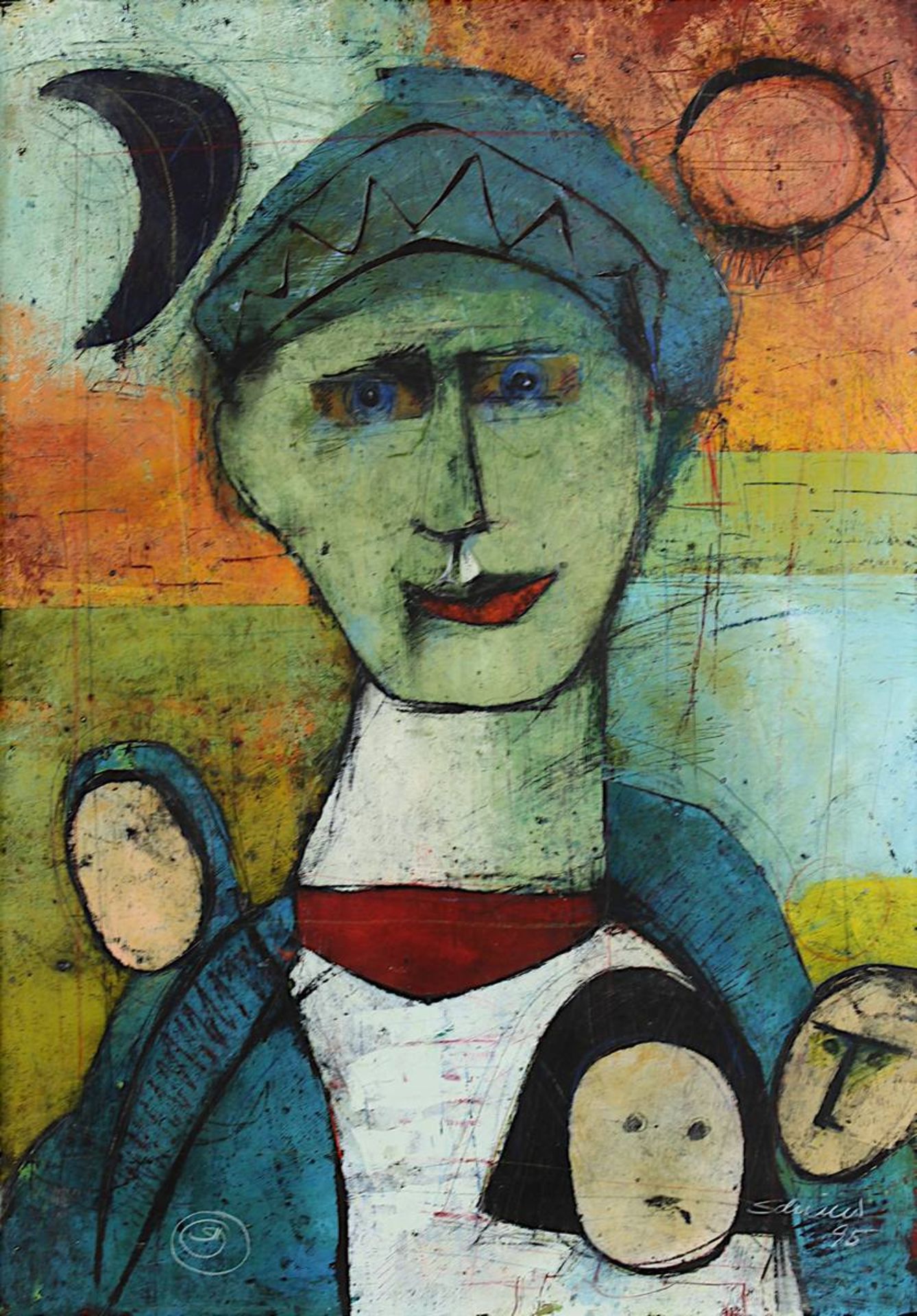 Schirner Hans-Günter (Goldberg/Schlesien 1941 - 2015), Figuren vor Sonne u. Mond, Acryl auf - Bild 2 aus 2