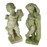 Zwei Gartenfiguren, 2.H.20.Jh., Steinguss, im Barockstil, Putti, der eine Putto angelehnt an einen