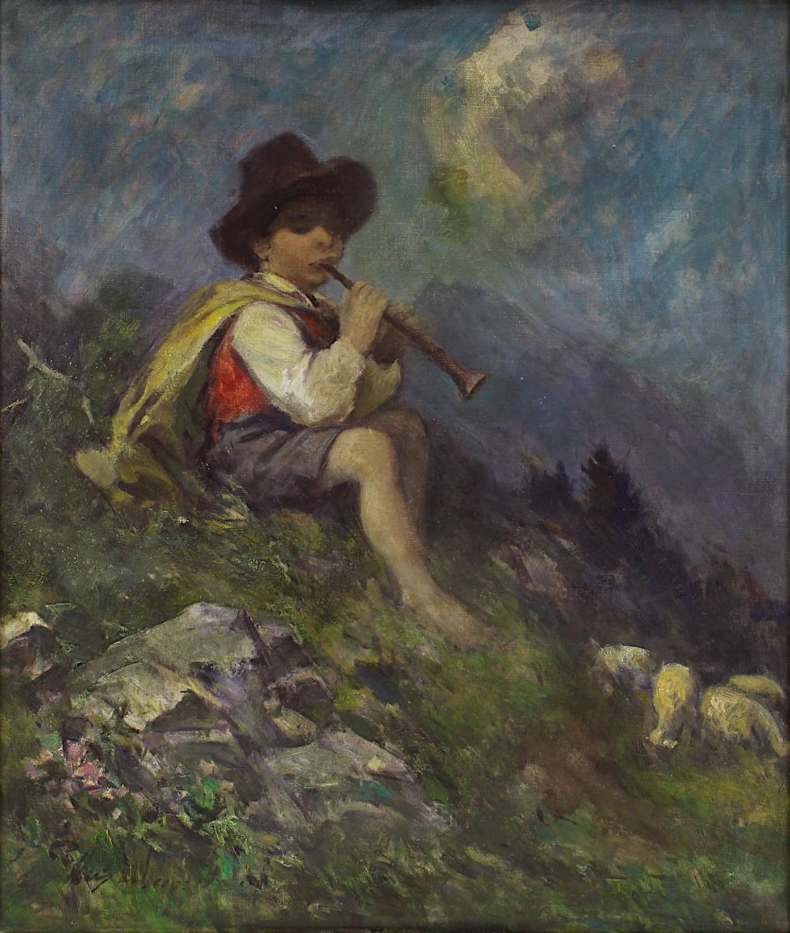 Ungedeuteter Impressionist um 1900, Flöte spielender Hirtenknabe mit seinen Schafen in - Image 2 of 4