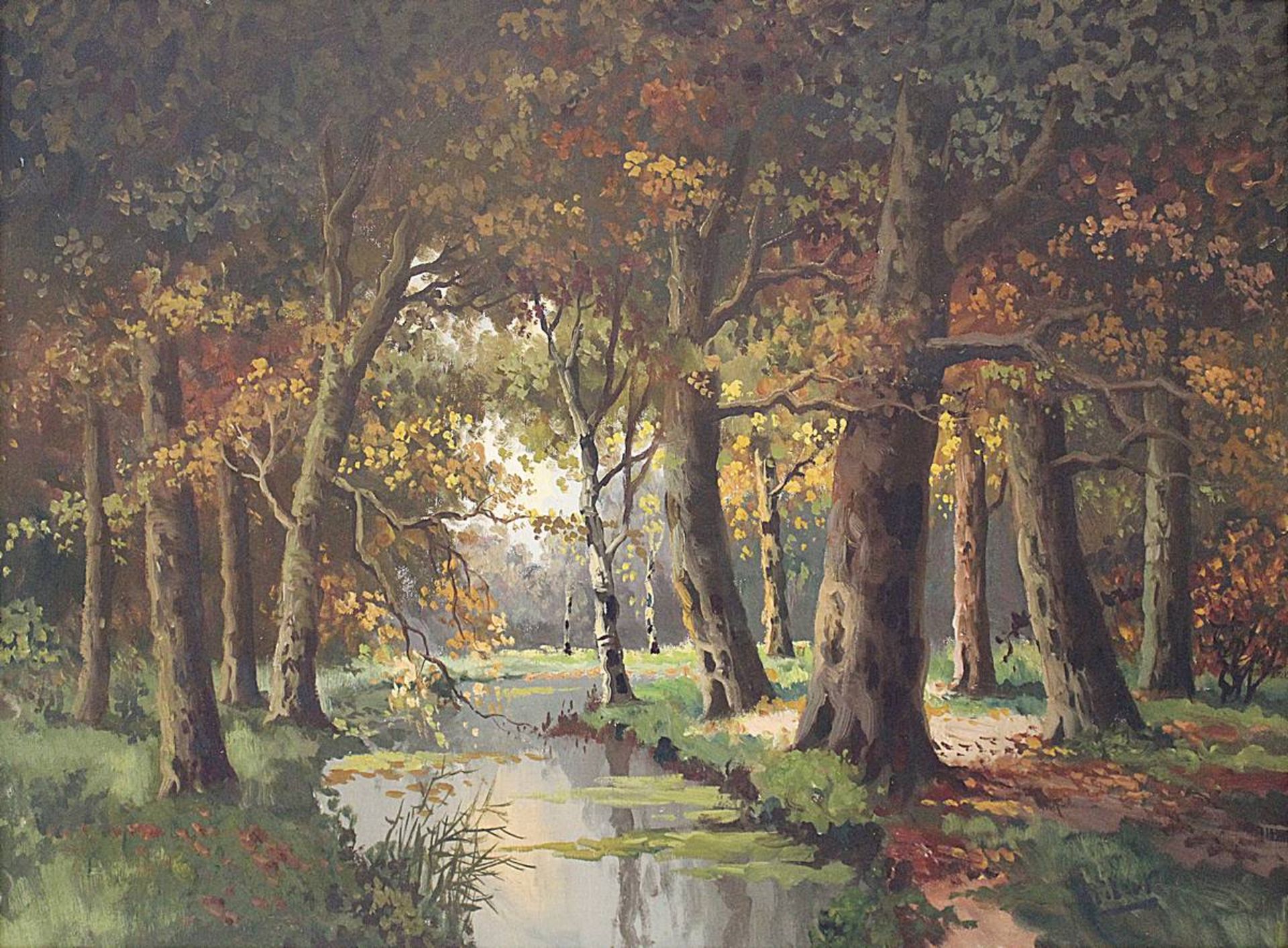 Landschaftsmaler, 1. H. 20. Jh., Waldlandschaft mit Wasserlauf, Öl auf Leinwand, rechts unten