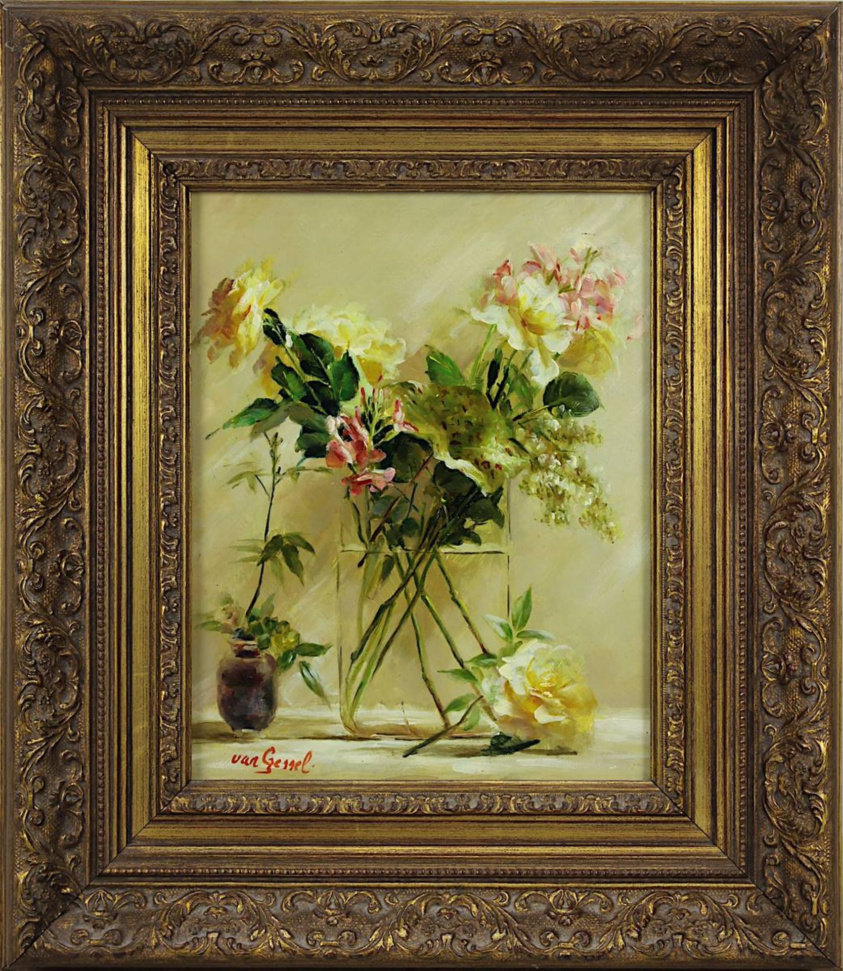 Van Gessel, niederländischer Maler, 2. H. 20. Jh., Blumenstillleben mit Rosen, Öl auf Holz, links