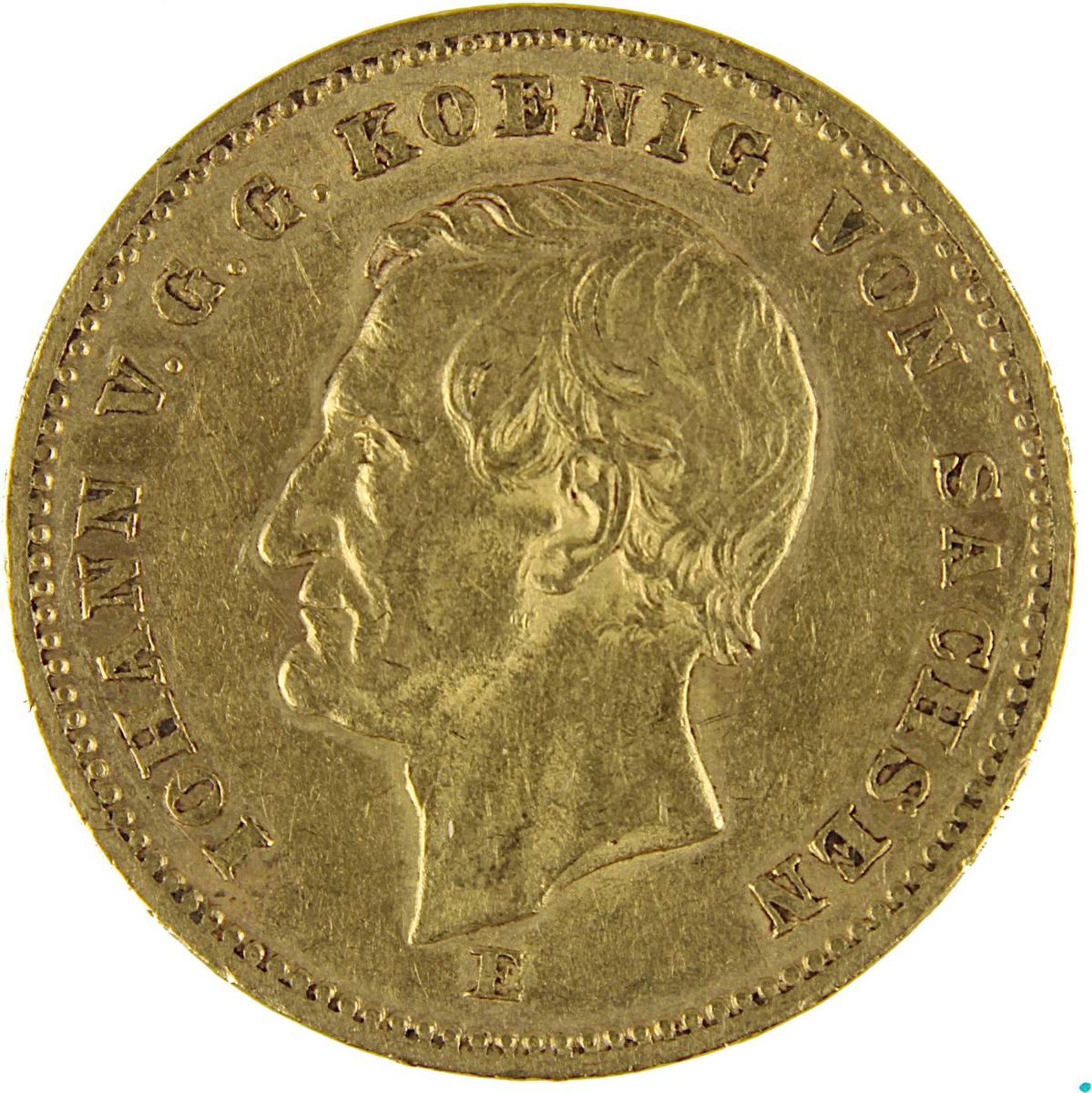 Goldmünze 20 Mark, Sachsen 1872 König Johann, Av. Kopf n. li., darunter E, und Umschrift, Rev. - Bild 2 aus 3