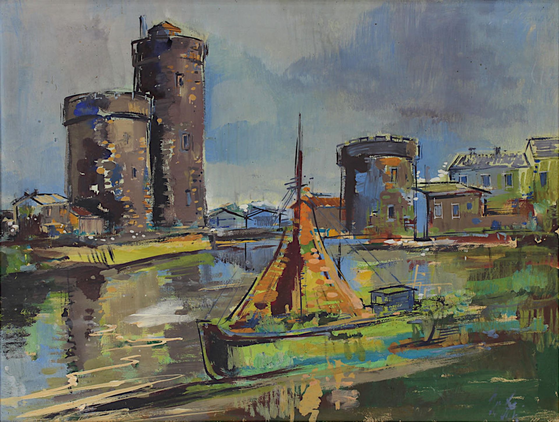 Bernstein, Walter (Neunkirchen 1901 - 1981 ebenda), Blick auf Türme und Häuser in einem Hafen, - Bild 2 aus 2