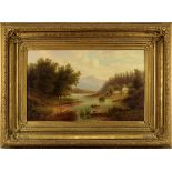 Lang, Landschaftsmaler 2. H. 19. Jh., Voralpenlandschaft mit Gebäuden an einem Gewässer, Öl auf