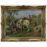 Deutscher Impressionist, Bauernfamilie mit Pferden an Tränke, um 1900, Öl auf Leinwand, rechts unten